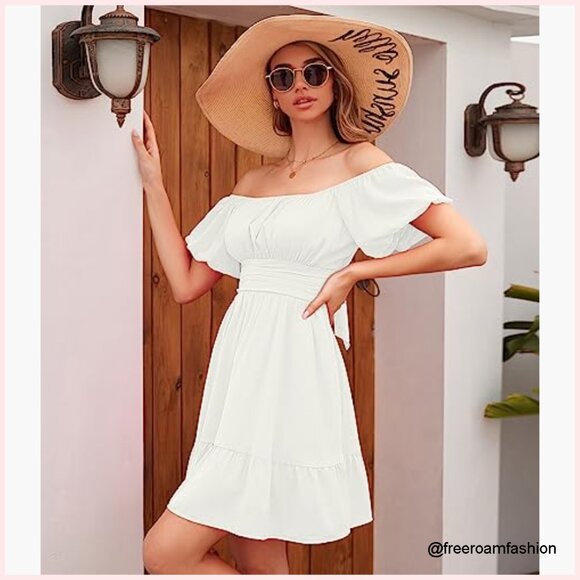 Summer Mini Dress with Square Neck and Tie Back, Off Shoulder Lantern Sleeves - Picture 6 of 7